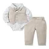 YALLET Conjunto De Roupas Para Meninos De 0 A 18 Meses Camisa Social Gravata Borboleta Colete Calça Para Festa De Casamento Bege 12 18 Meses
