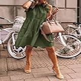 Yeacher EBay AliExpress Plataforma Verão Casual Venda Quente Casual Solto Sem Manga Cor Sólida Decote Redondo Vestido Puff Verde M