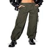 YEXPINE Calça Cargo Feminina Cintura Alta Reta Perna Larga Casual 6 Bolsos Combater Calças Militares Verde M