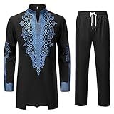 YND Conjunto Dashiki Masculino De 2 Peças Roupa E Calça Africana Camisa Com Estampa Dourada Preto Com Azul P