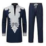 YND Conjunto Masculino De 2 Peças Camisa E Calça Dashiki Africana Roupa Com Estampa Dourada Azul Marinho Com Prata GG