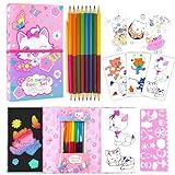 YOYTOO Kit De Almofadas De Colorir De Gato Para Meninas Livro De Colorir De Unicórnio Com 30 Páginas Para Colorir 10 Papéis De Arranhar Arco íris 16 Lápis De Cor Para Desenhar Pintura Kit De Colorir De Viagem Para Crianças E Meninas De 3 A 12 Anos