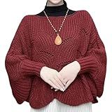 YUHOCB Suéter Feminino De Tricô Poncho De Crochê Manga Morcego Xale De Tricô 2023 Suéter Grosso De Tricô De Inverno Vermelho 80 100cm