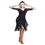 Z X Vestido Feminino De Dança De Salão Com Decote Em V Plissado Longo Franjado Tango Salsa Dança Latina Vestido Com Shorts Preto GG