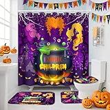 Zcstioxl Conjunto De Cortina De Chuveiro De Halloween - 4 Peças De Conjuntos De Banheiro De Halloween Com Cortina De Chuveiro- Tapetes Antiderrapantes- Tampa De Vaso Sanitário E Tapete De Banho