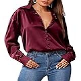 Zeagoo Blusa Feminina De Cetim Com Botões, Manga Comprida, Blusa De Seda, Gola V, Elegante, Casual, Solta, Para Trabalho, Escritório, Túnica, Outono, Vinho Tinto, G