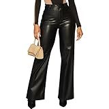 Zebaexf Calça Feminina De Couro Sintético De Cintura Alta Calça Jeans De Perna Reta A Preto M
