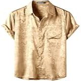 ZEROYAA Camisa Masculina De Manga Curta Jacquard De Seda Luxuosa Brilhante De Cetim Floral Com Ajuste Regular Para Festa De Formatura- Champanhe Dourado- XGG