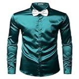 ZEROYAA Camisas Sociais Masculinas Luxuosas De Seda Brilhante Com Botões- Azul-petróleo- GG