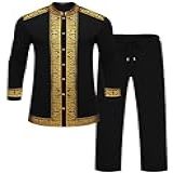 ZSJR Conjunto Masculino Africano De 2 Peças Dashiki Nigeriano Metálico Tradicional Terno Estampado Com Estampa De Camisa E Calça Preto M