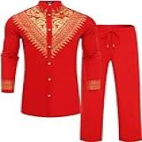 ZSJR Conjunto Masculino Africano De 2 Peças Traje Tradicional Metálico Estampa De Ouro E Camisa Dashiki Africana Vermelho G