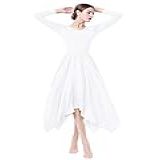 ZX Vestido Feminino De Manga Comprida De Louvor Saia Rodada Plissada Irregular Vestido De Dança De Salão Latino Roupa De Dança Lírica Branco GG